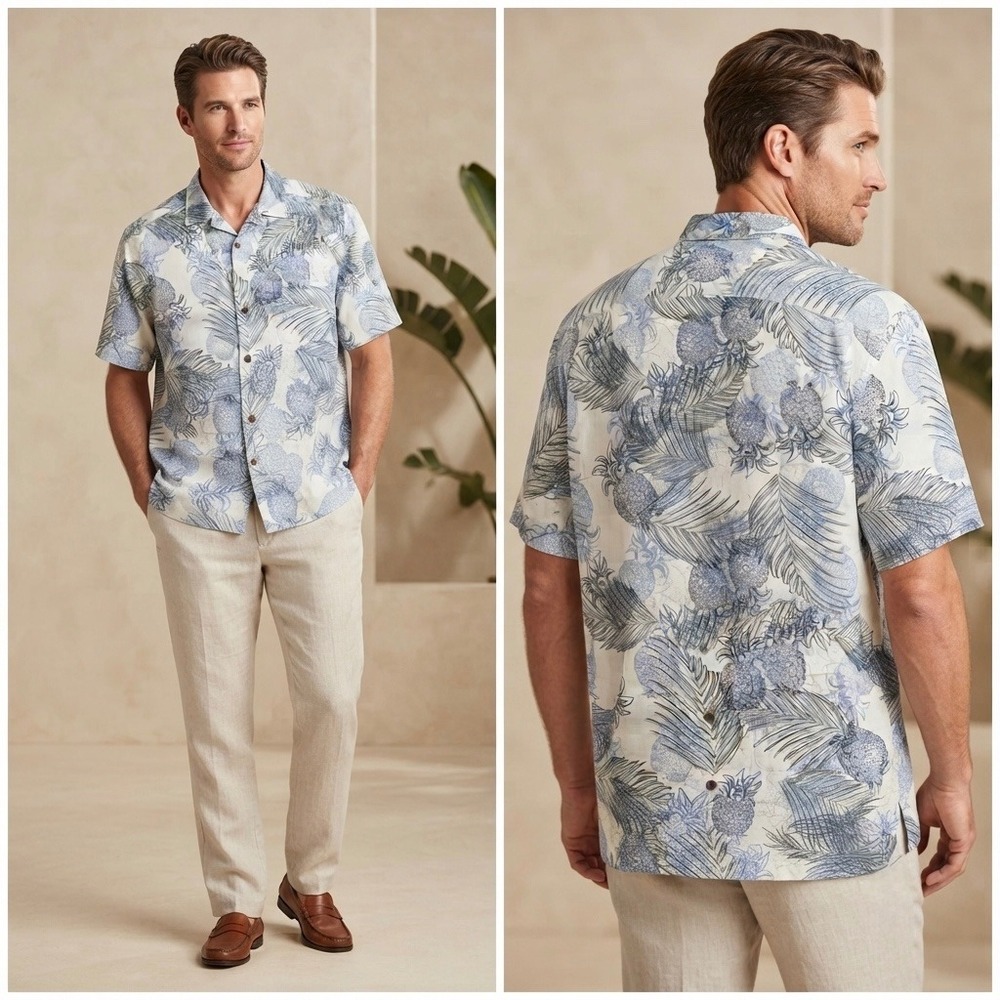 Tommy Bahama Mens Large Silk Pineapple Palm Tropical‎ Camp Shirt Blue T34493